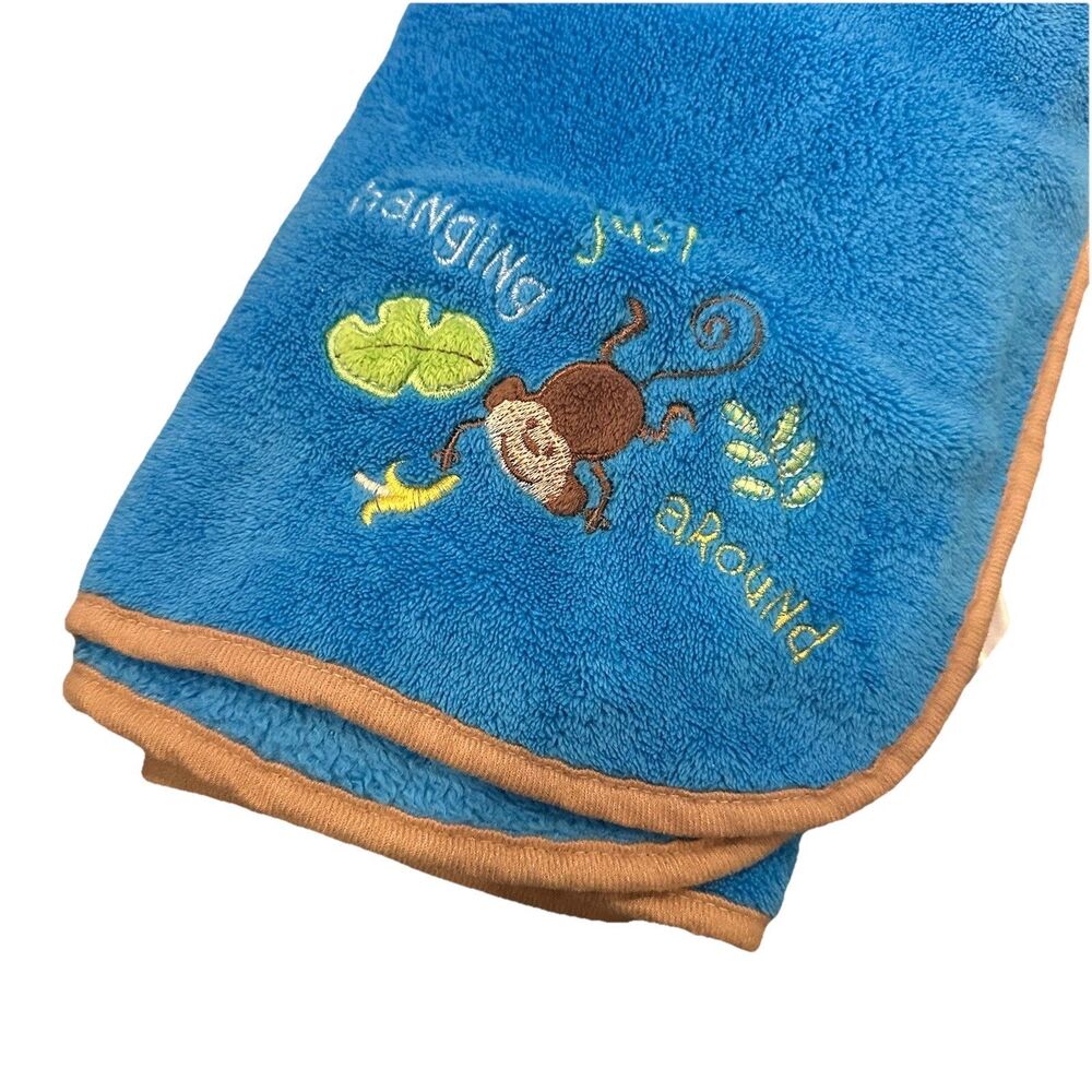 HTF Regent Baby Monkey Just Hanging Around Blue‎ Blanket 2013 Embroidered Brown